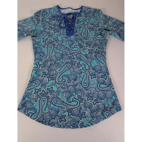 Coolibar Rash Guard Shirt Womens Small Blue Paisley Lace Up UPF 50+ Swim Top - Picture 7 of 11